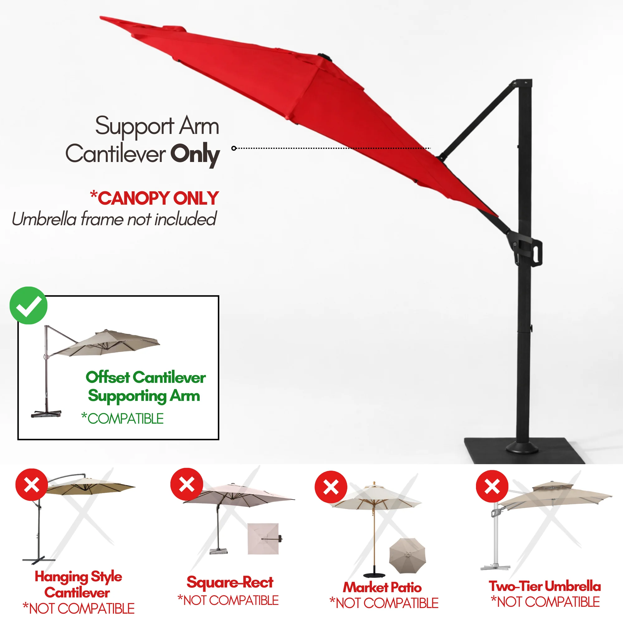 11 ft Cantilever Umbrella Replacement Canopy Supported Bar 8 Ribs Red - Image 5