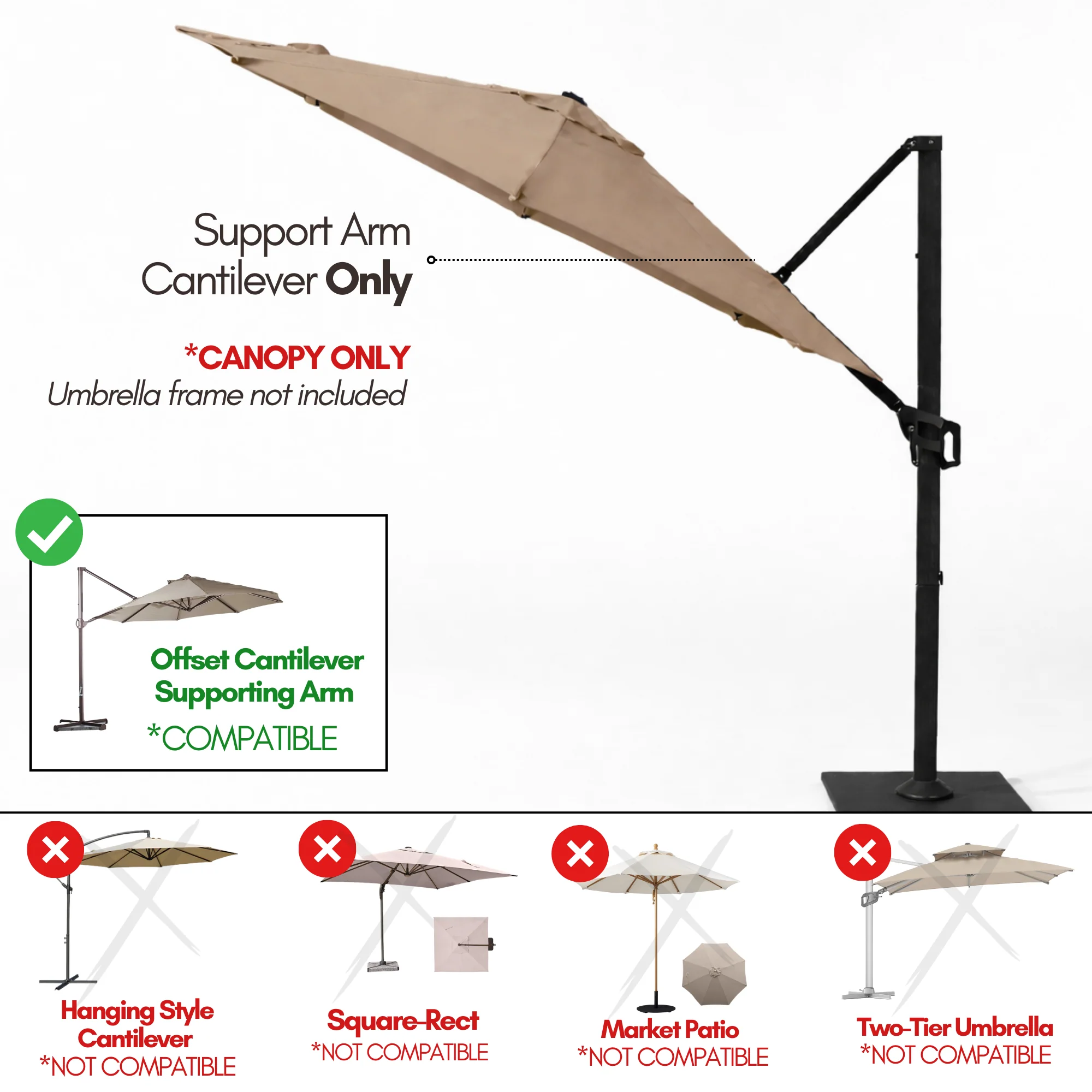 11 ft Cantilever Umbrella Replacement Canopy Supported Bar 8 Ribs Taupe - Image 5