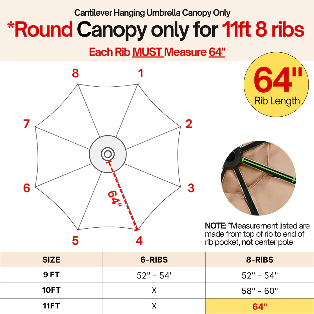 11ft Cantilever Hanging Umbrella 8 Rib Replacement Canopy Tuscan Orange - Image 4