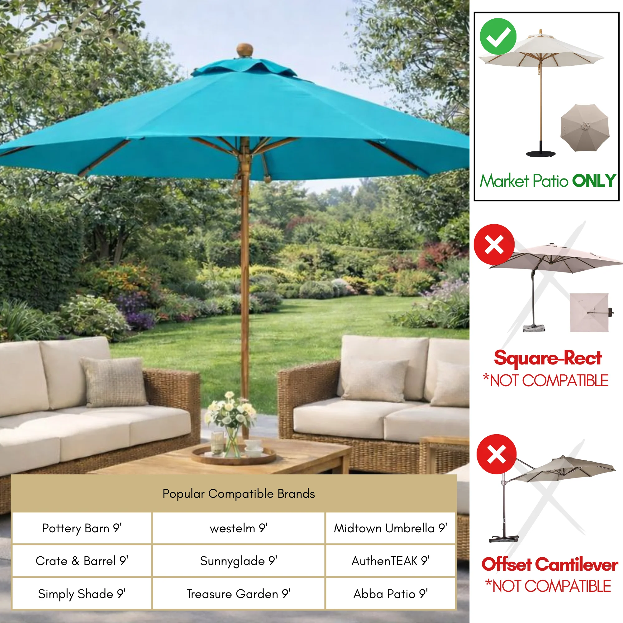 11ft Market Patio Umbrella 8 Rib Replacement Canopy Aruba Turquoise - Image 8