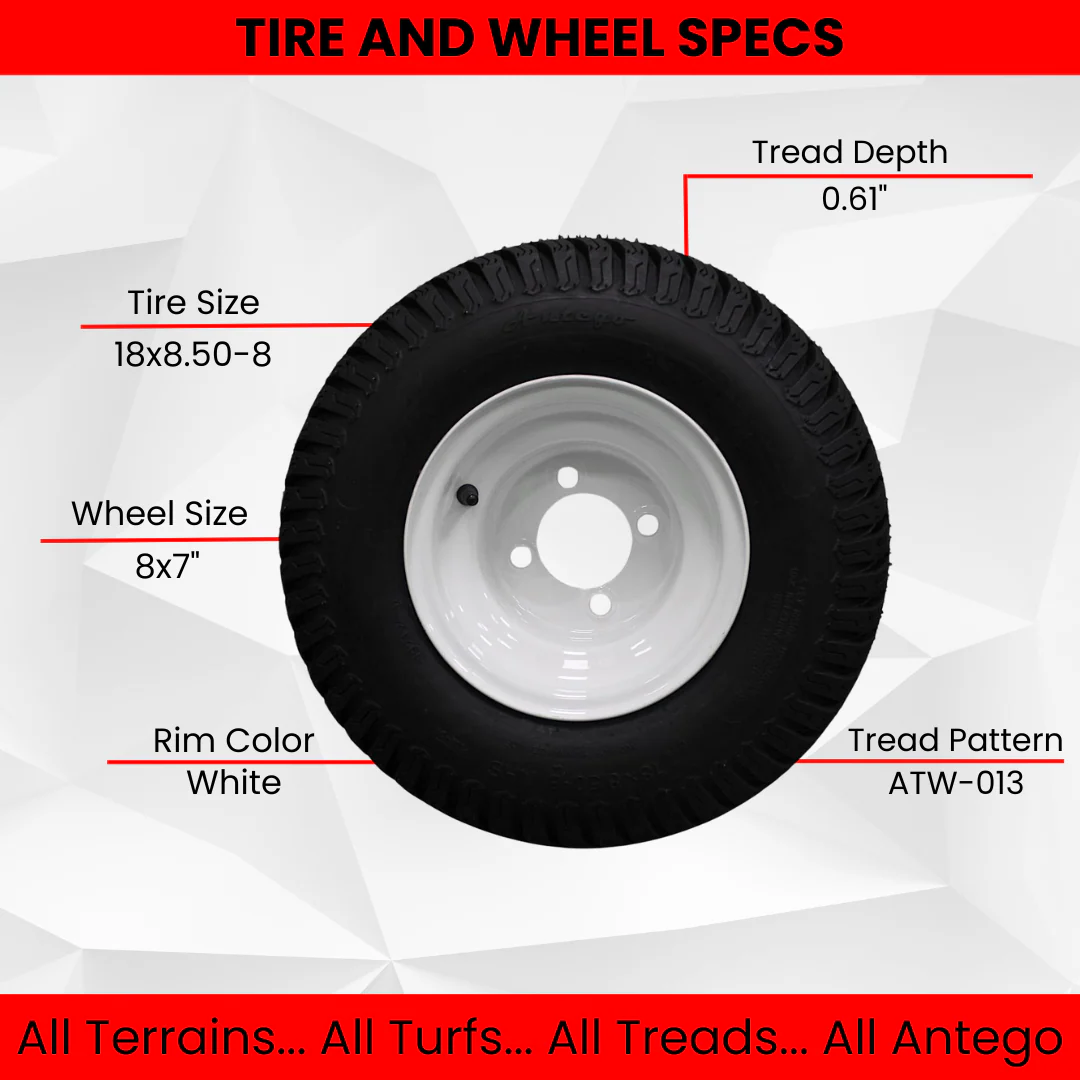 18x8.50-8 Turf Tires on 8x7 White Steel Wheels Compatible with Golf Carts and Mowers (Compatible with Toro Grandstand) (Qty: 1)