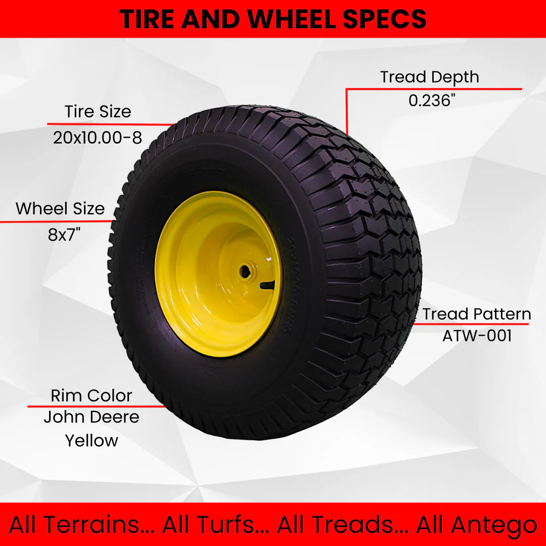 20x10.00-8 Tires with 8x7 John Deere Yellow Wheels 2 Ply for Lawn & Garden Mower Turf Tires (Set of 4) - Image 3