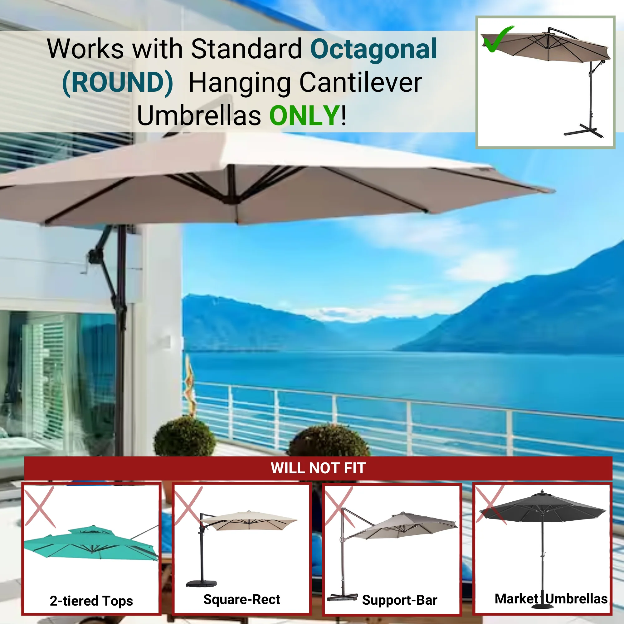 9ft Cantilever Hanging Umbrella 8 Rib Replacement Canopy Taupe - Image 6
