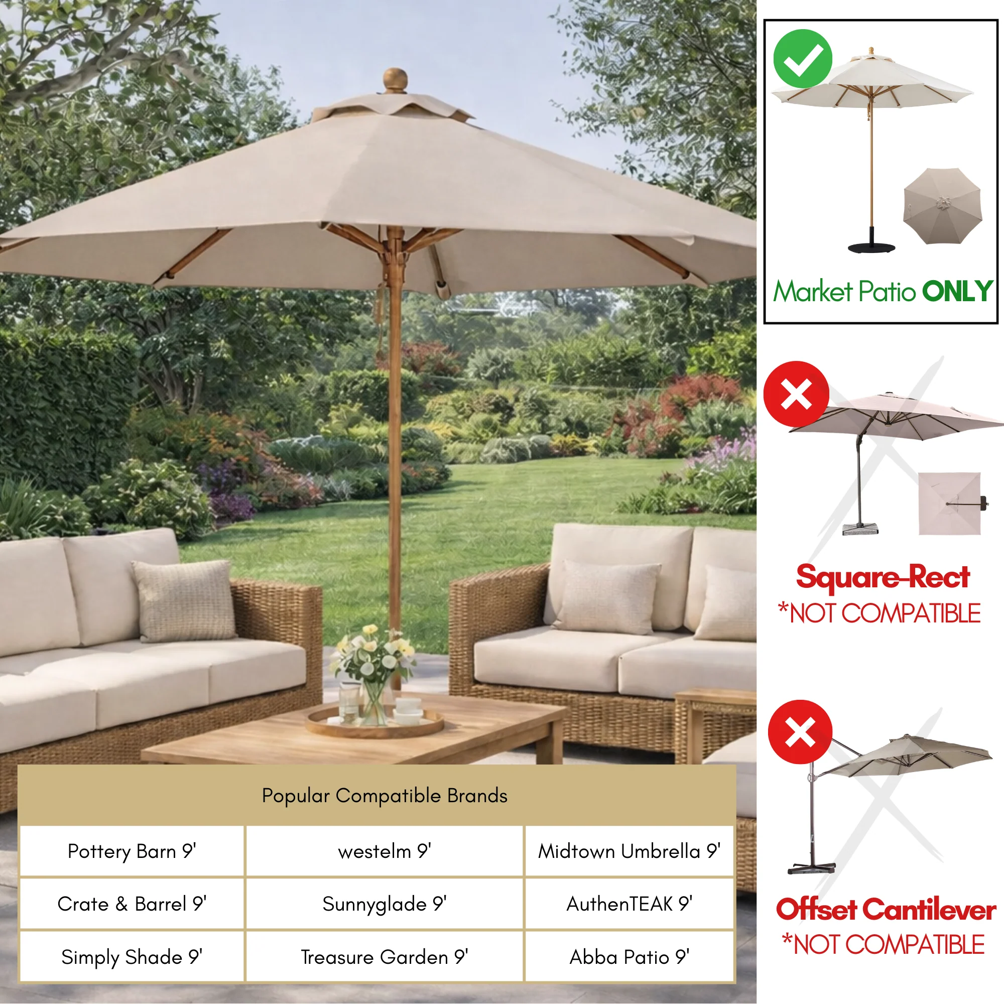 9ft Market Patio Umbrella 6 Rib Replacement Canopy Taupe - Image 6