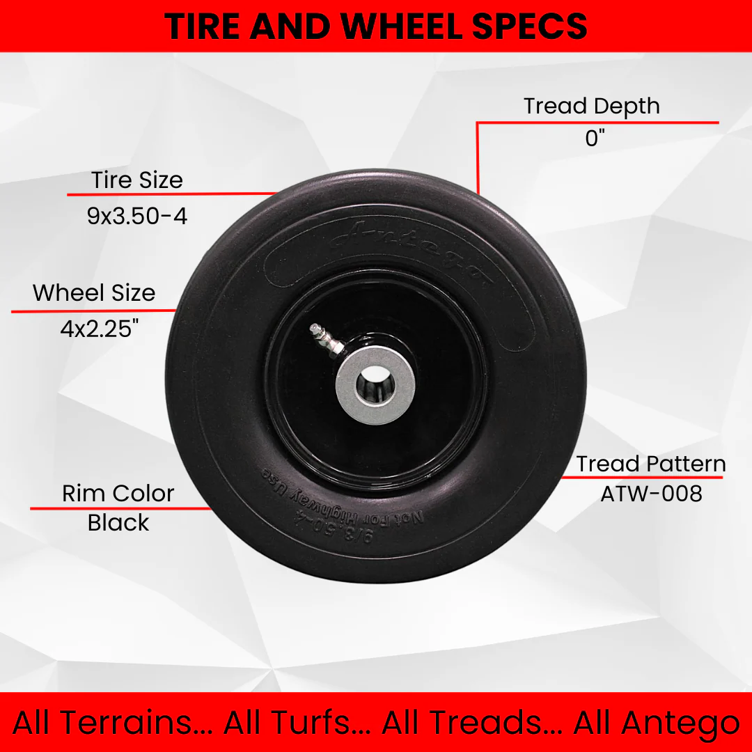 9x3.50-4 Flat Free Tire and Wheel Assemblies - Fits ExMark 103-1224, 4.5" Hub, 3/4" Caged Roller Bearings (Set of 4)
