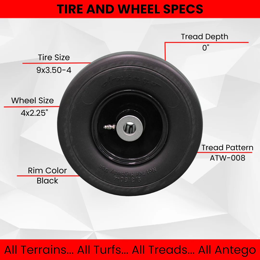 9x3.50-4 Flat Free Tire and Wheel Assemblies - Fits GRAVELY 45205, 3.25" Hub, 3/4" Caged Roller Bearings (Set of 4)
