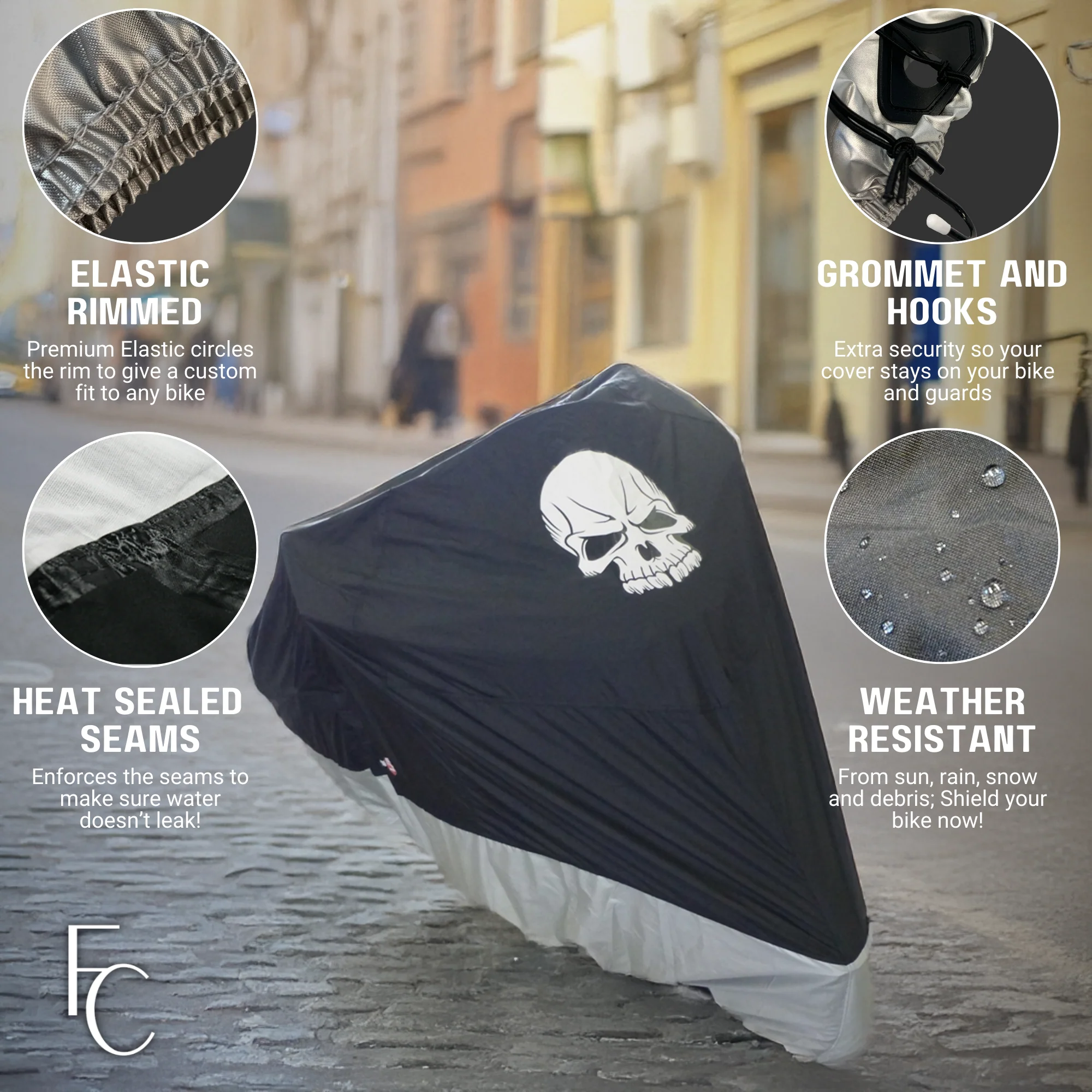 Deluxe Light Weight Motorcycle Cover with Skull Logo - Fits up to 108"L (XXL) - Image 6