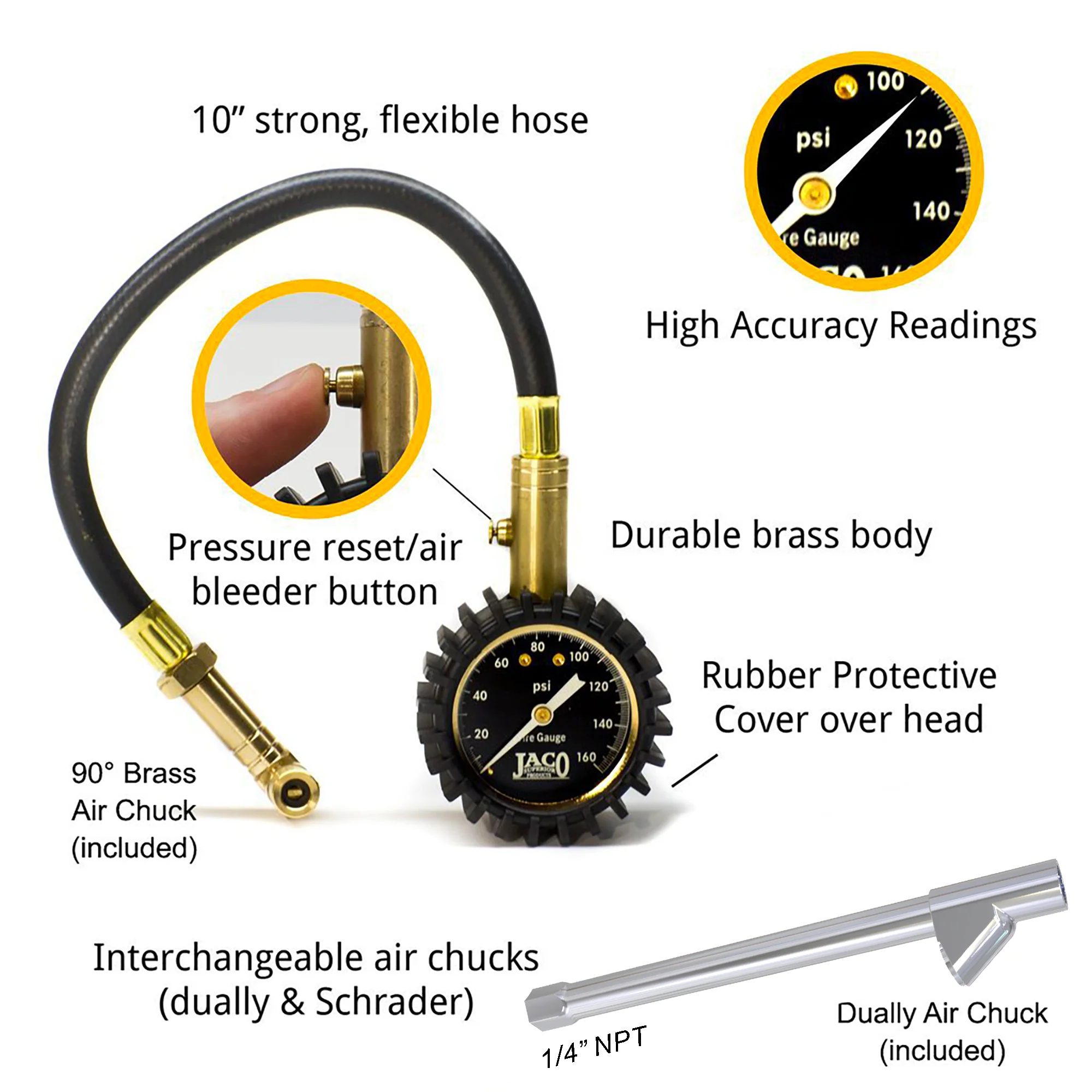 EliteProPlus™ Tire Pressure Gauge with Dually Air Chuck - 160 PSI - Image 2