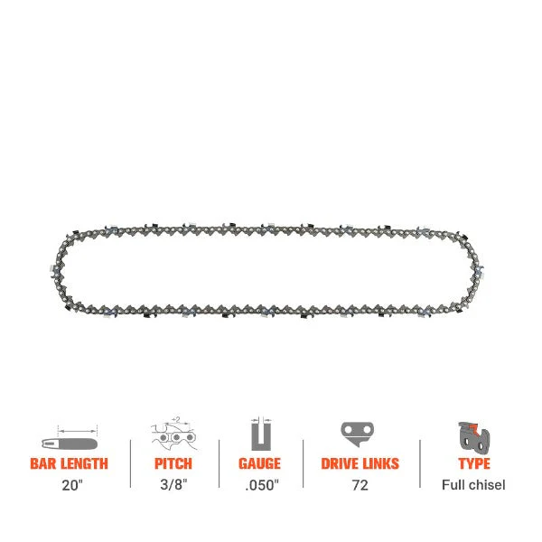 Hipa 20 Inch Full Skip Chain 3/8 Pitch .050 72 DL For Poulan Pro PR5020 50CC Husqvarna 365 562xp 372xp Stihl Chainsaw - Image 2
