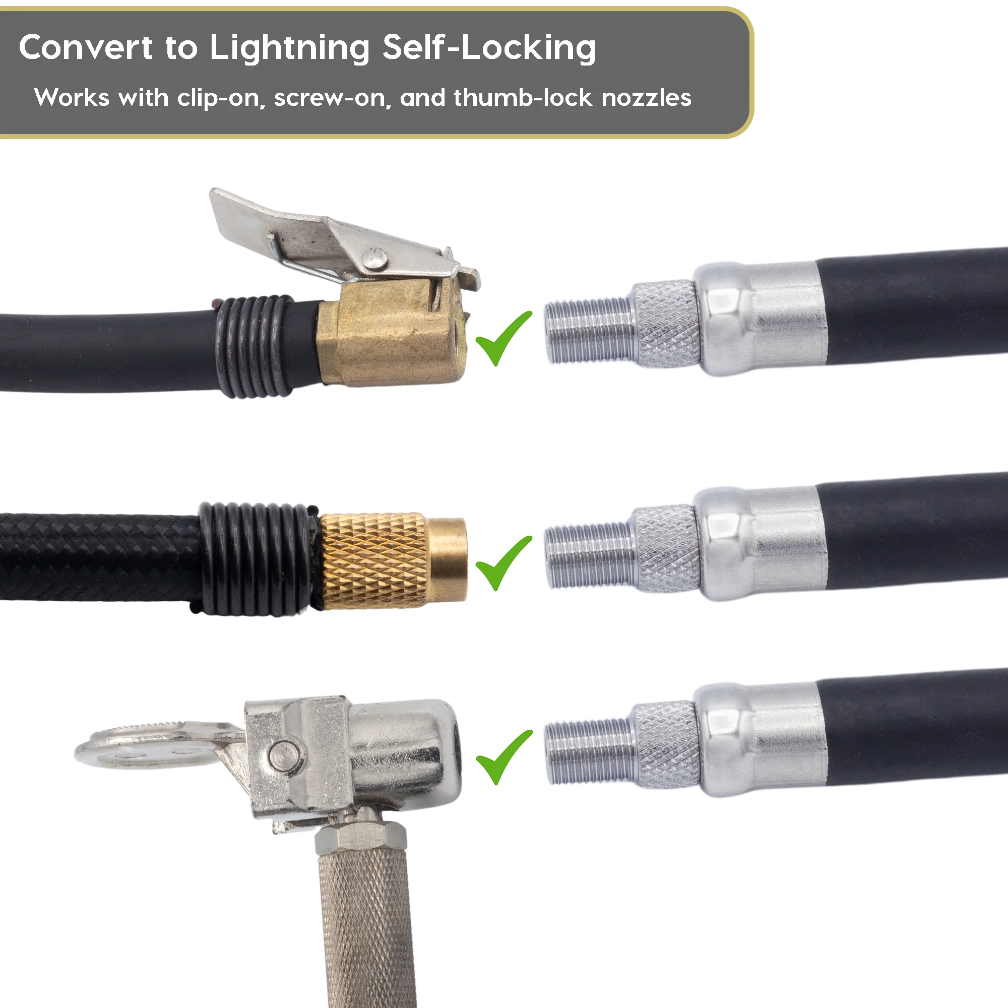 Lightning L2X Tire Inflator Hose Extension Self-Locking Nozzle | Patented Lock-on Air Hose Adapter for Tire Pumps (Open Flow) - Image 3