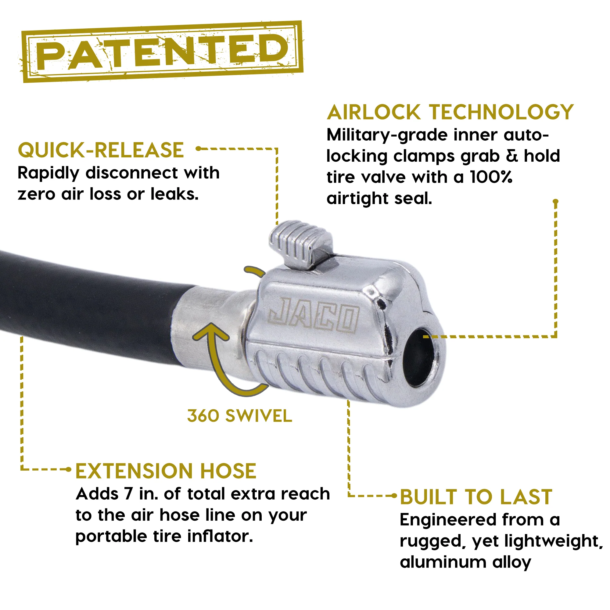 Lightning S2X Tire Inflator Hose Extension Self-Locking Nozzle | Patented Air Hose Adapter for Tire Pumps (Open Flow) - Image 2