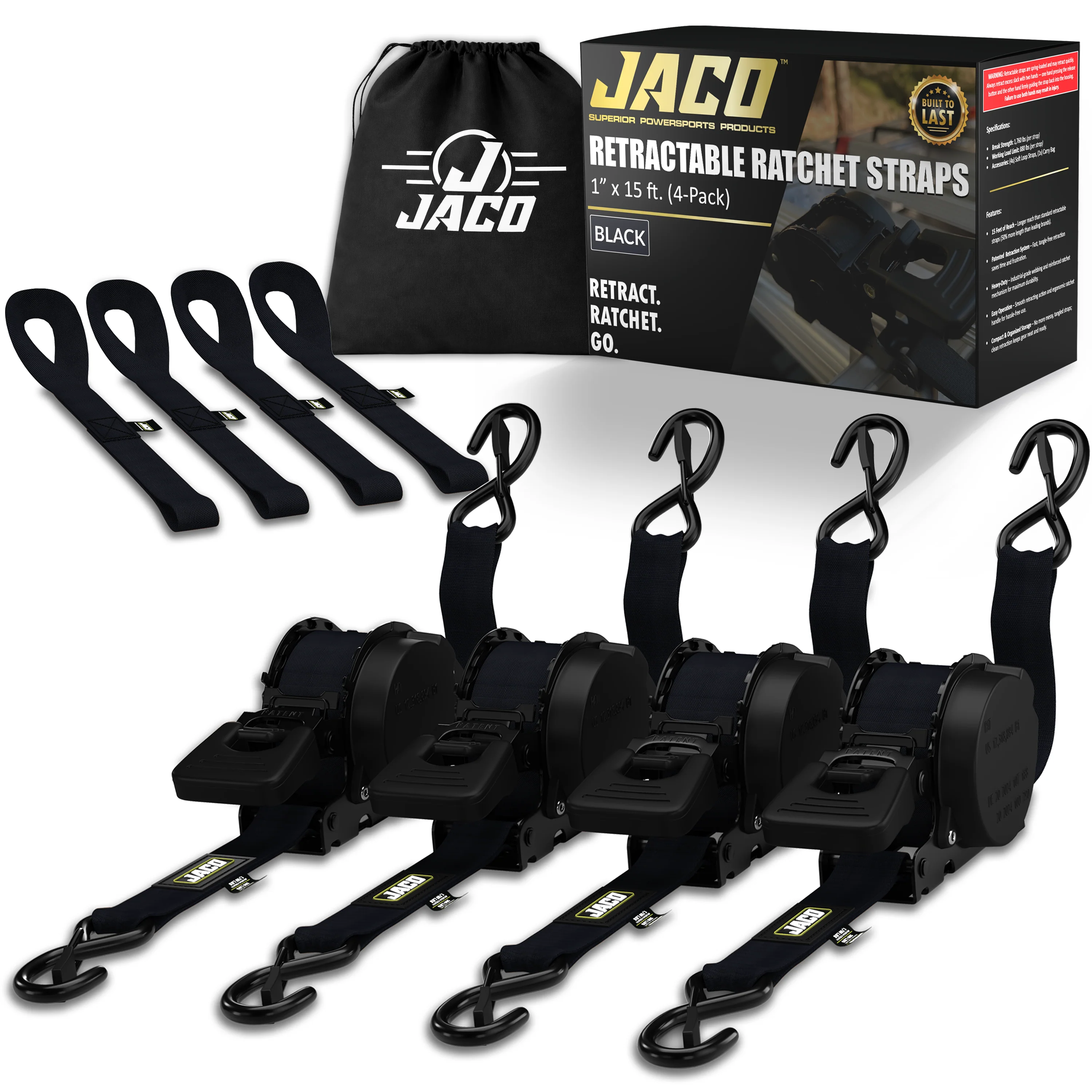 Retractable Ratchet Straps - 1" x 15 ft (1,760 lbs Break Strength) | Auto Self Retracting Cargo Tie Down Strap Set - Image 2