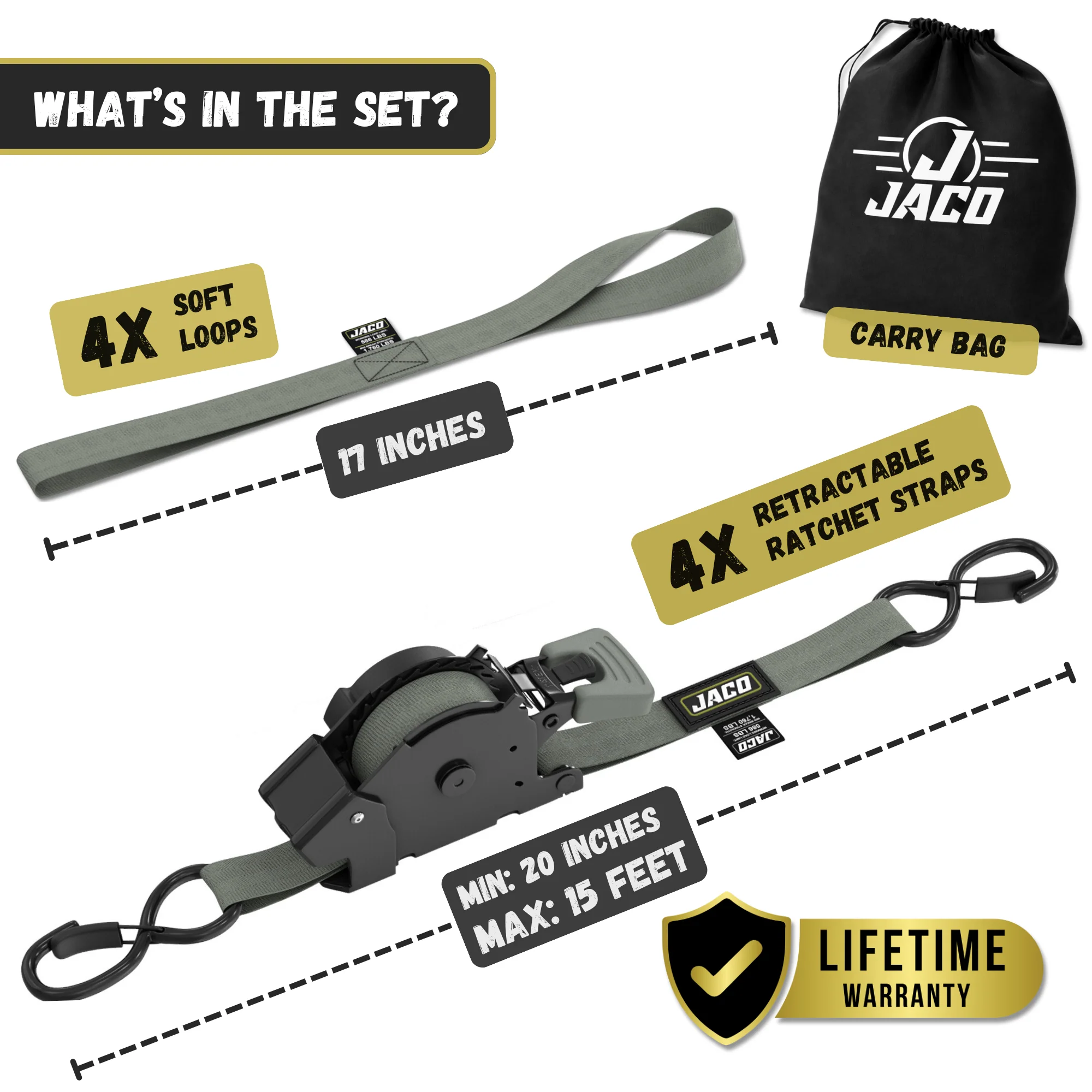 Retractable Ratchet Straps - 1" x 15 ft (1,760 lbs Break Strength) | Auto Self Retracting Cargo Tie Down Strap Set - Image 28