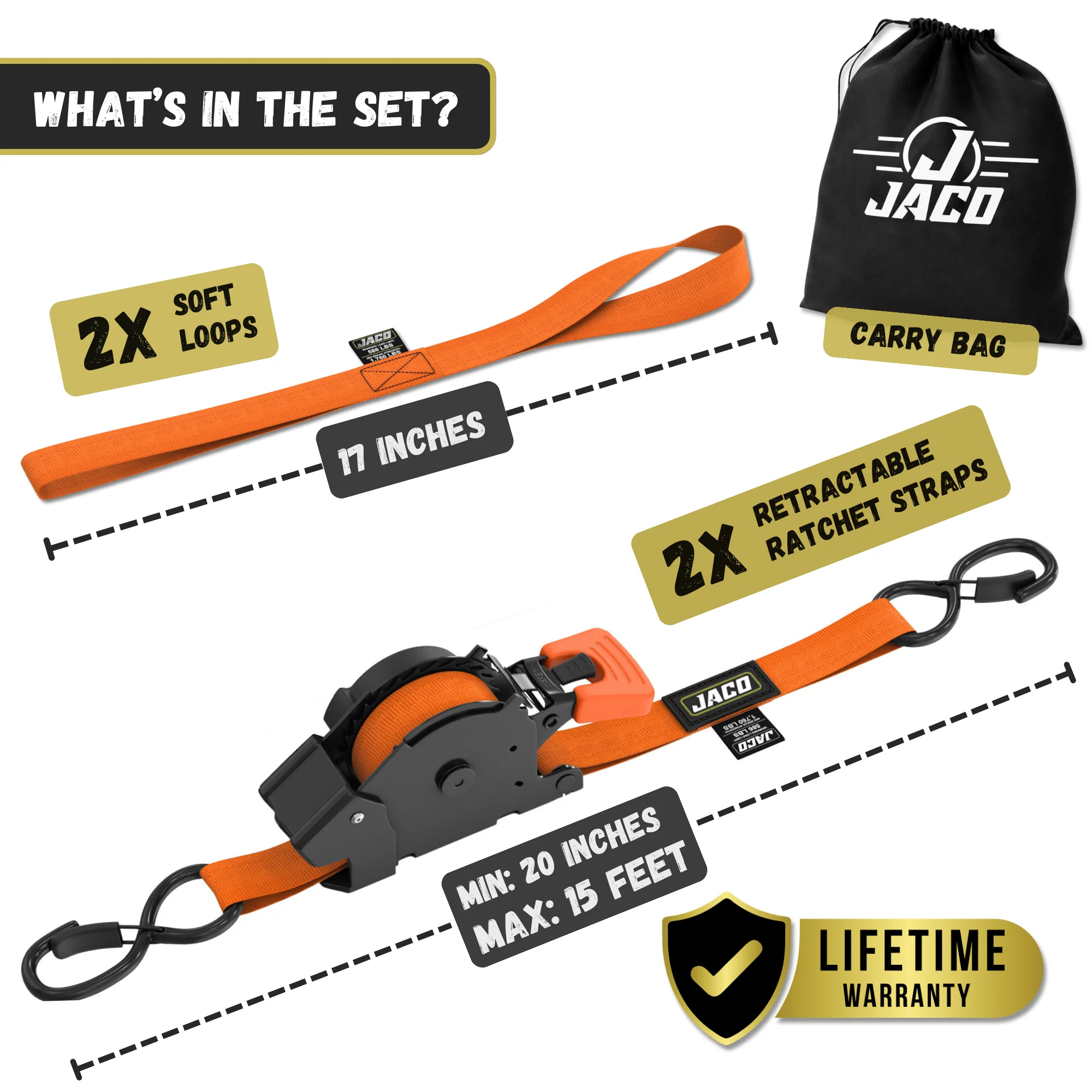 Retractable Ratchet Straps - 1" x 15 ft (1,760 lbs Break Strength) | Auto Self Retracting Cargo Tie Down Strap Set - Image 37