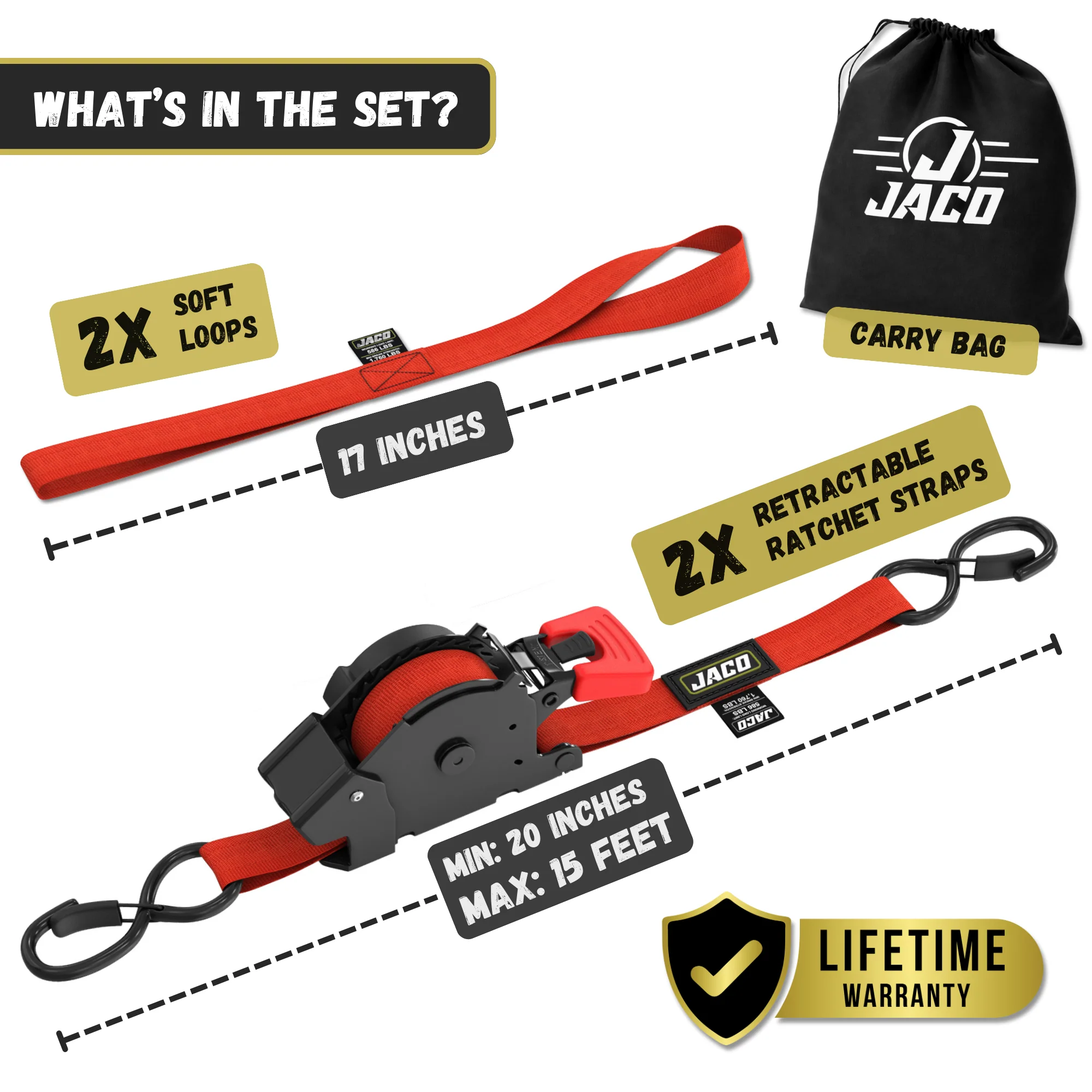 Retractable Ratchet Straps - 1" x 15 ft (1,760 lbs Break Strength) | Auto Self Retracting Cargo Tie Down Strap Set - Image 47