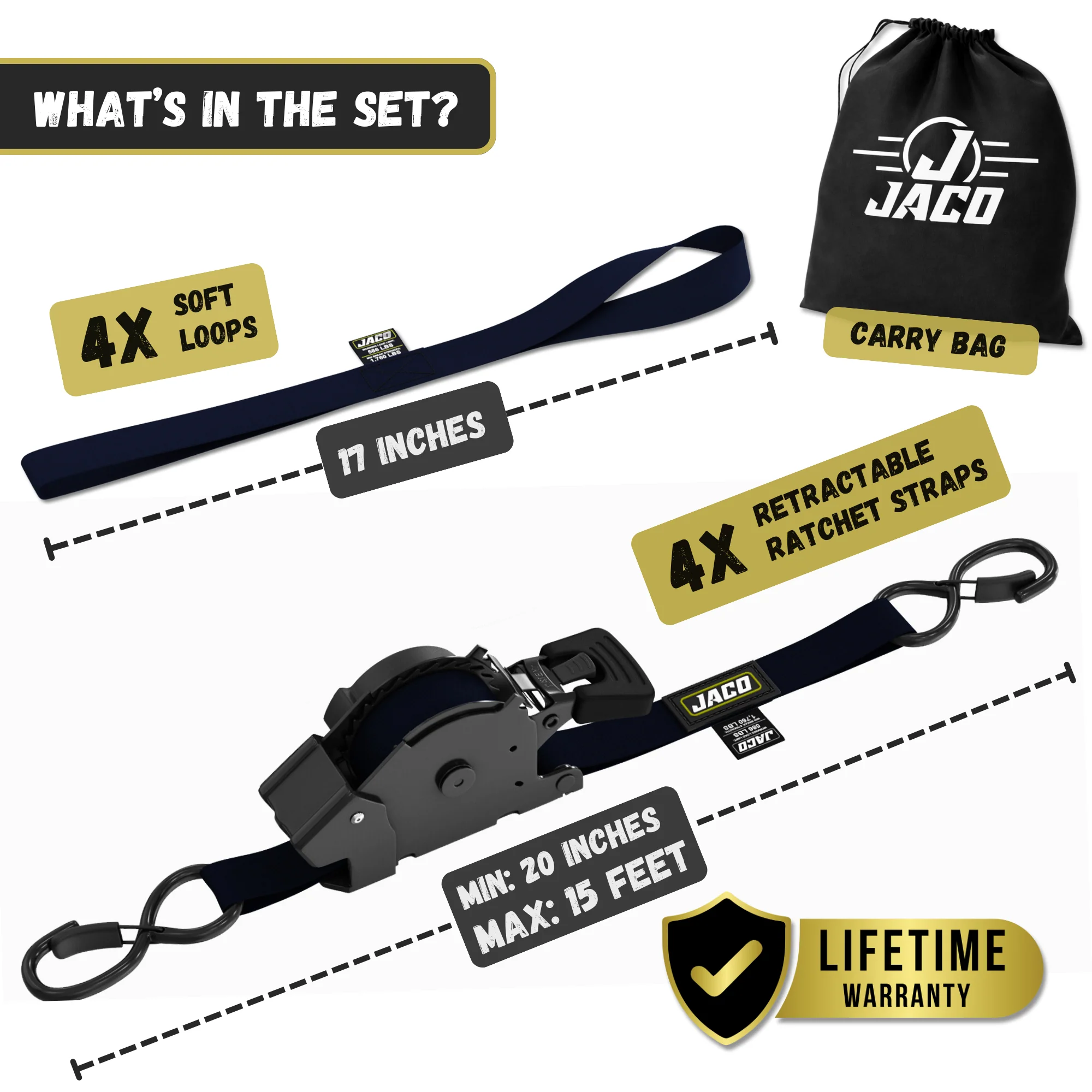Retractable Ratchet Straps - 1" x 15 ft (1,760 lbs Break Strength) | Auto Self Retracting Cargo Tie Down Strap Set - Image 8
