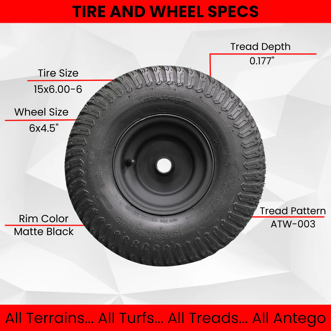 Antego Tire & Wheel - (Set of 2) (ATW-003) Matte Black Universal Fit 15x6.00-6nhs Lawn Mower Tires, 4 Ply, Tire and Wheel Assemblies with 3/4" and 5/8" Bushings Included