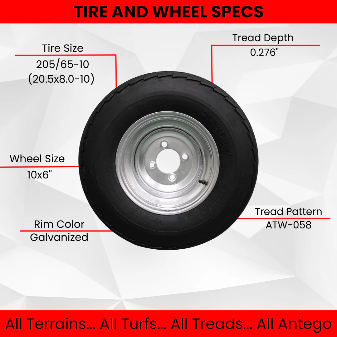 (QTY: 1) 205/65-10 20.5x8.0-10 10 ply Load Range E super durable Antego Trailer Tire Wheel Assy - 4 Lug Galvanized Rim