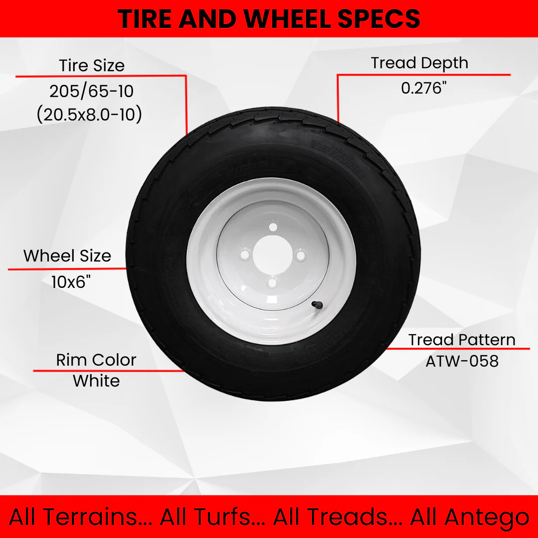 (Set of 4) 205/65-10 20.5x8.0-10 10 ply Load Range E super durable Antego Trailer Tire Wheel Assy - 4 Lug White Rim