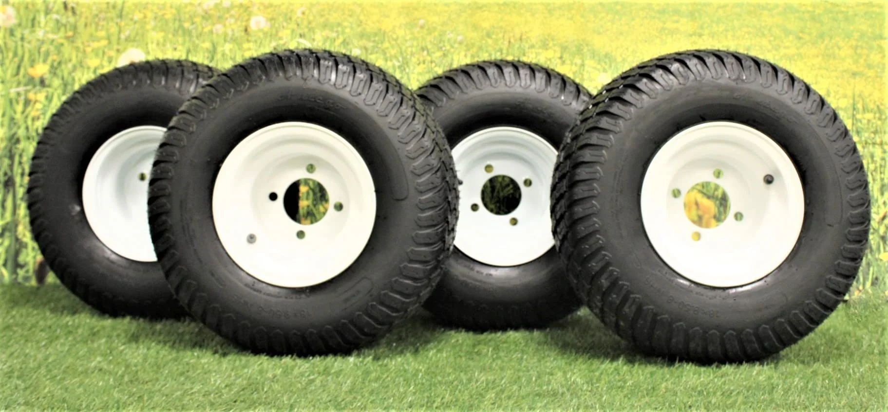 (Set of 4) White Steel Wheels with 18x9.50-8 4 Ply Turf Tires for Golf Cart and Lawn and Garden Equipment - Image 3