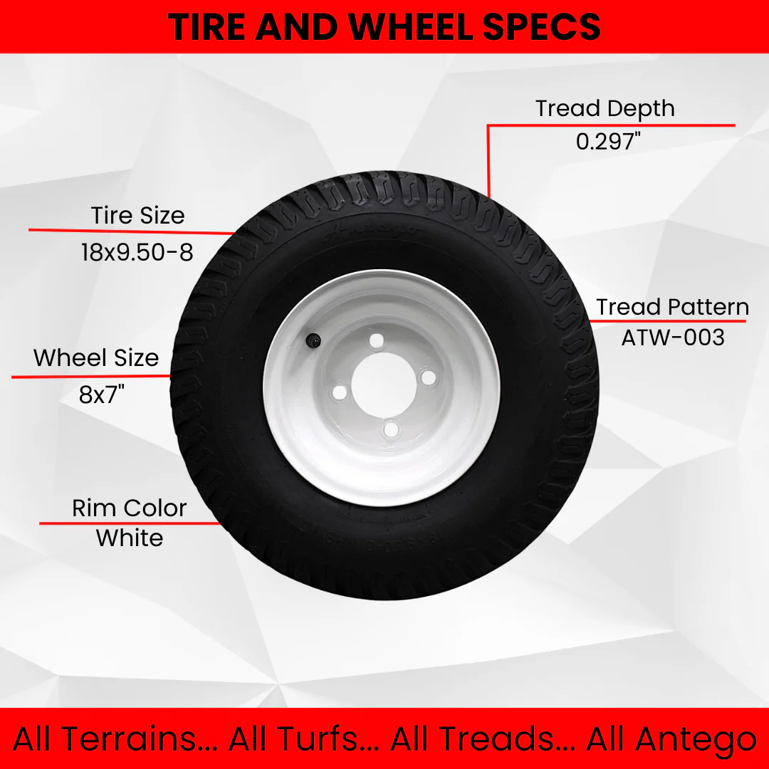 (Set of 4) White Steel Wheels with 18x9.50-8 4 Ply Turf Tires for Golf Cart and Lawn and Garden Equipment - Image 4