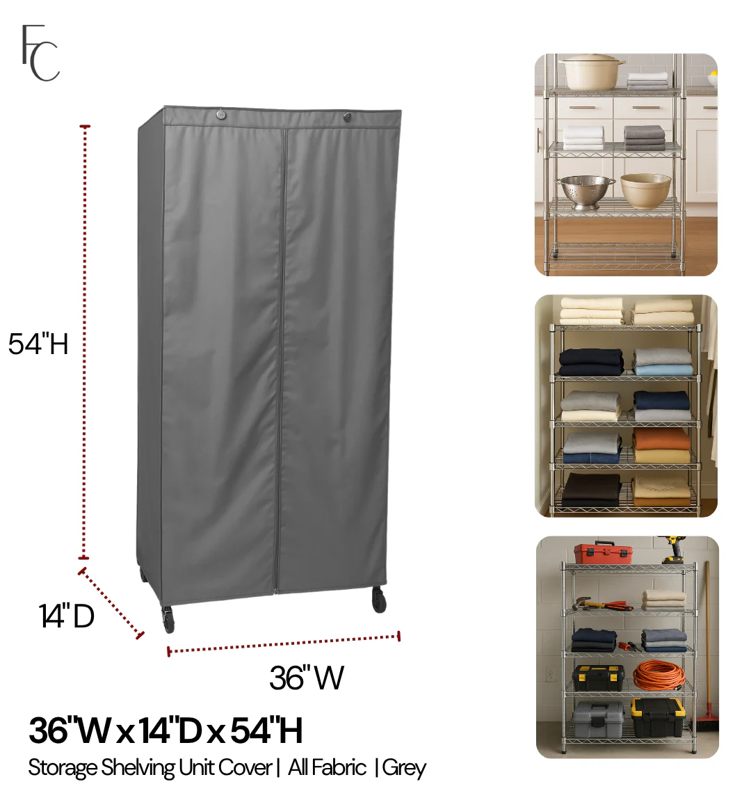 Storage Shelving Unit Cover, fits racks 36"W x 14"D x 54"H in Grey - Image 2