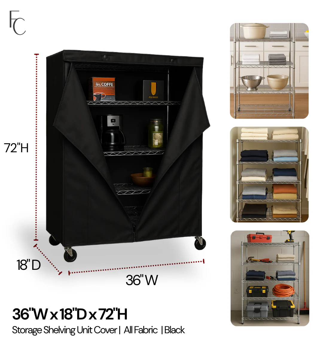Storage Shelving Unit Cover, fits racks 36"W x 18"D x 72"H in Black - Image 2