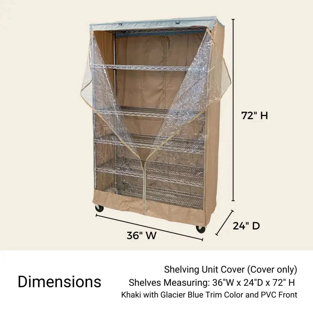 Storage Shelving Unit Cover, fits racks 36"W x 24"D x 72"H one side see through panel in Beige Khaki and Blue Trim - Image 3