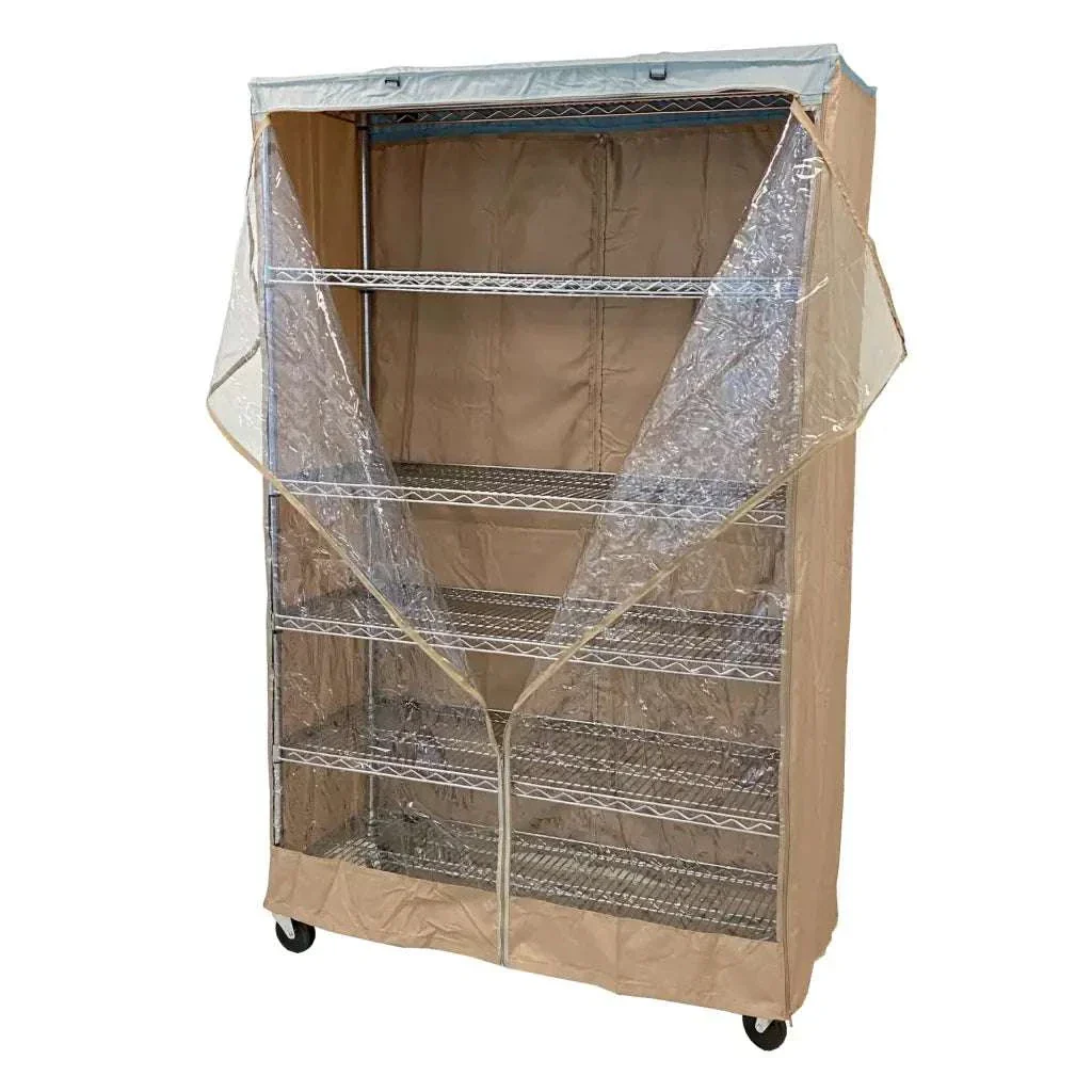 Storage Shelving Unit Cover, fits racks 48"W x 18"D x 72"H one side see through panel in Beige Khaki and Blue Trim - Image 2