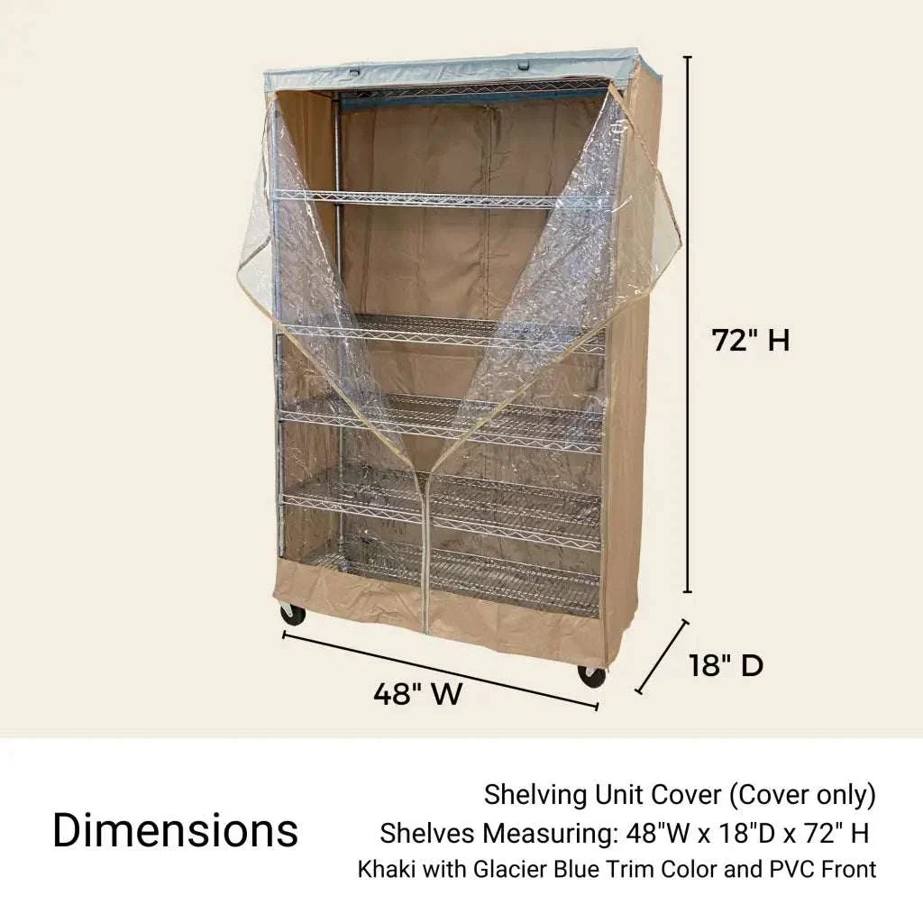 Storage Shelving Unit Cover, fits racks 48"W x 18"D x 72"H one side see through panel in Beige Khaki and Blue Trim - Image 3