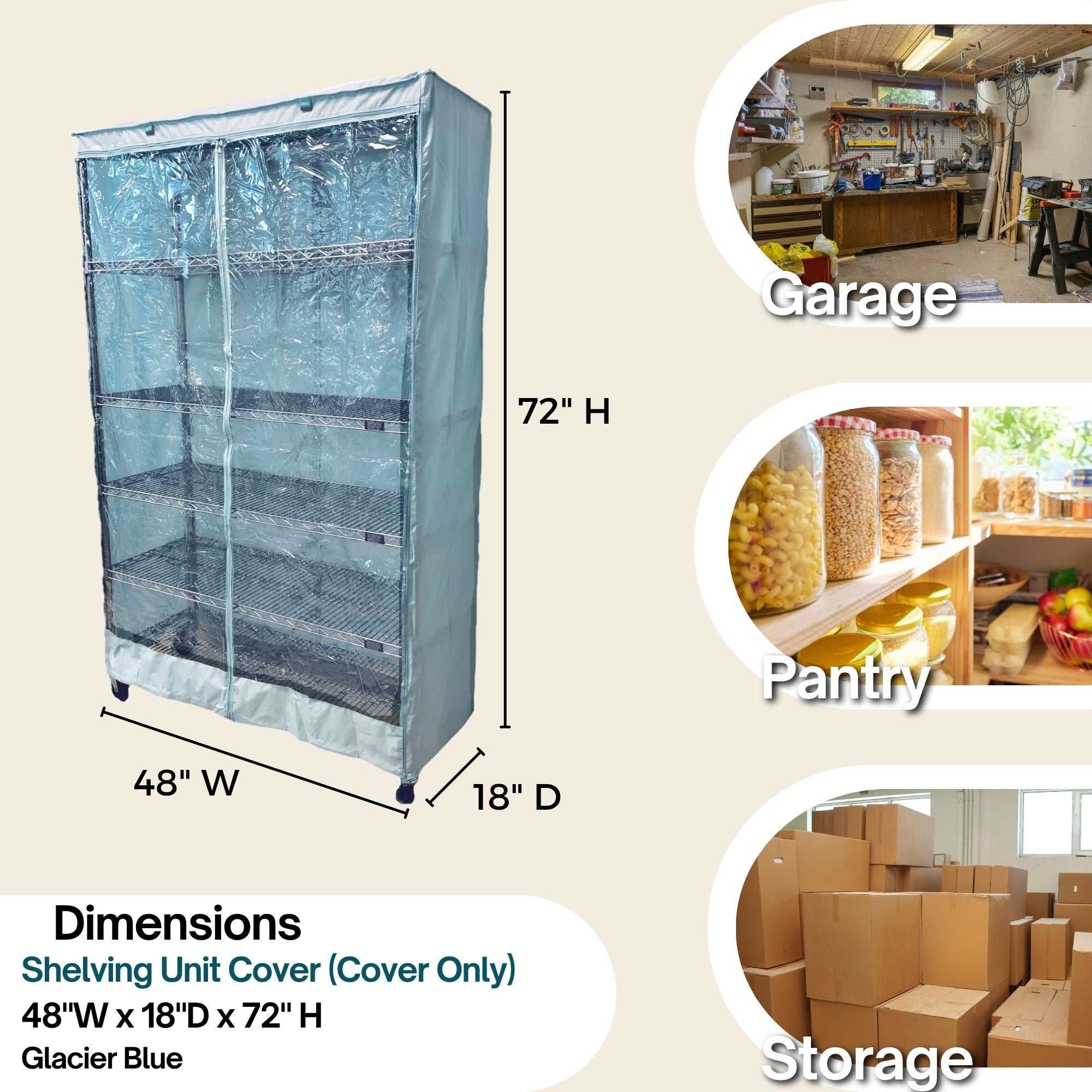 Storage Shelving Unit Cover, fits racks 48"W x 18"D x 72"H one side see through panel in Glacier Blue - Image 3