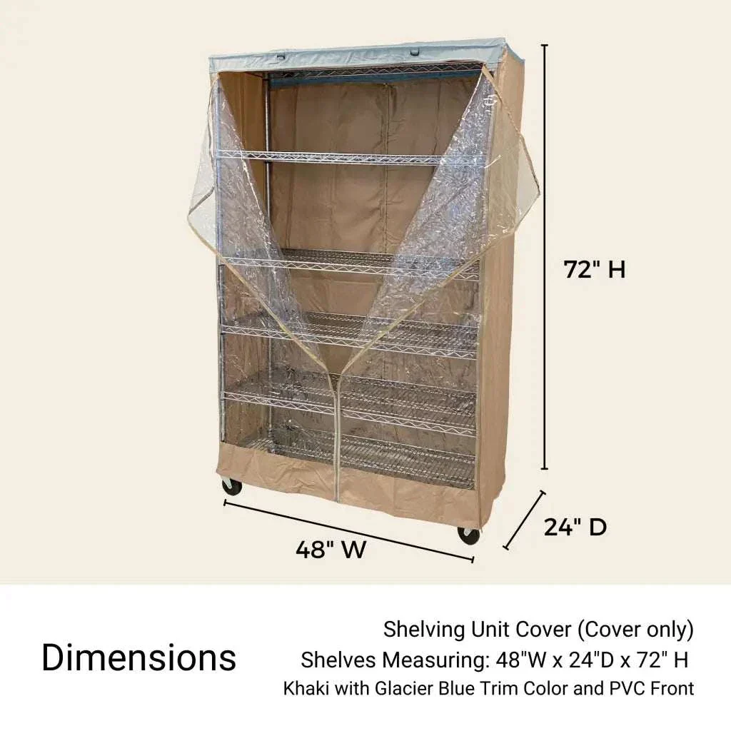 Storage Shelving Unit Cover, fits racks 48"W x 24"D x 72"H one side see through panel in Beige Khaki and Blue Trim - Image 3
