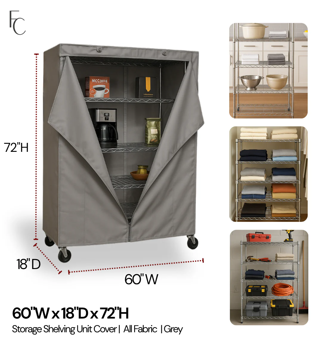 Storage Shelving Unit Cover, fits racks 60"W x 18"D x 72"H in Grey - Image 2