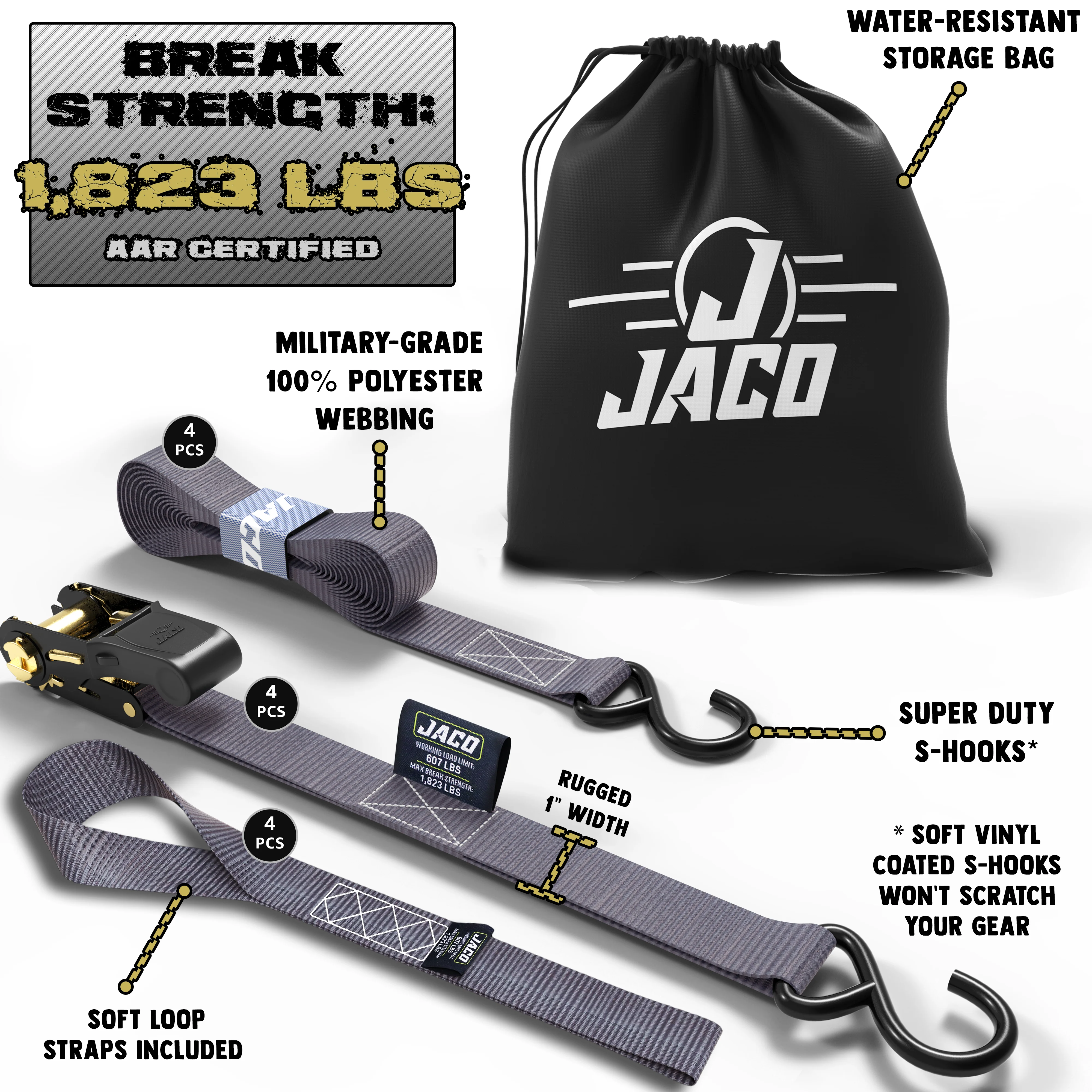 Tie Down Ratchet Straps (4 Pack) - 1 in x 15 ft | AAR Certified Break Strength (1,823 lbs) | Cargo Tie Down Set - Image 16